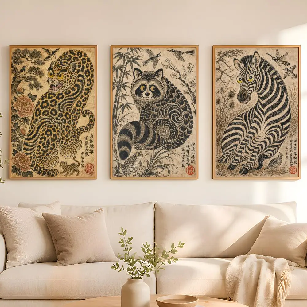Oriental Wildlife Scrolls Poster Stickers Painting Self-Adhesive Mural HD Wall Decals for Bedroom Living Room Home Decor Gift