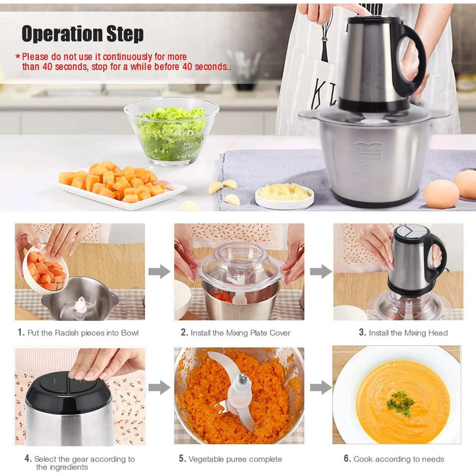 3L Electric Food Chopper Stainless Steel Meat Blender Multifunctional 600W Shockproof with 4  Blades for Kitchen 220V