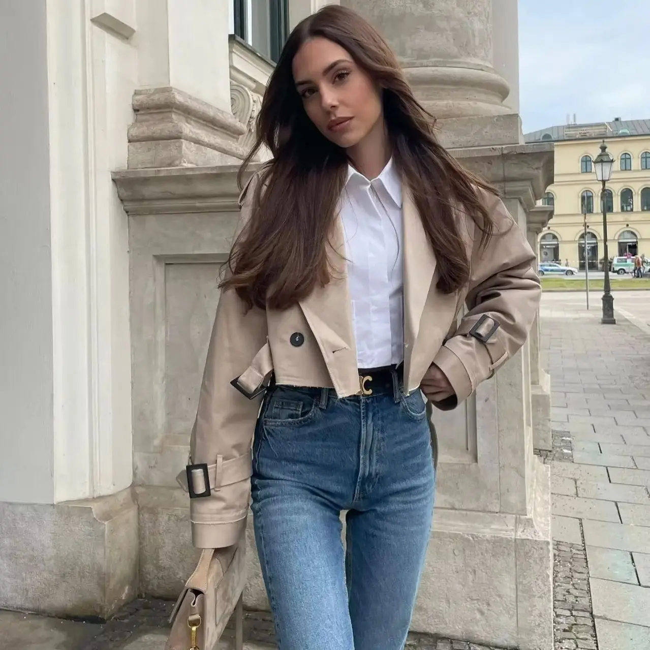 KIDCRKJ ربيع الخريف سترة نسائية بلون التلبيب اقتصاص خندق معطف للنساء عادية مربوط معطف سترة الملابس النسائية #4