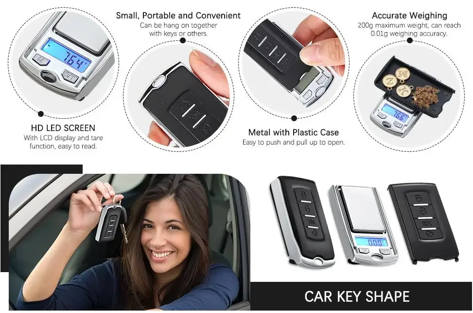 Tragbare Mini-Digital-Taschenwaage in Autoschlüsselform, 200g/100g, 0,01g Präzision, mit LCD-Display – Detail 2