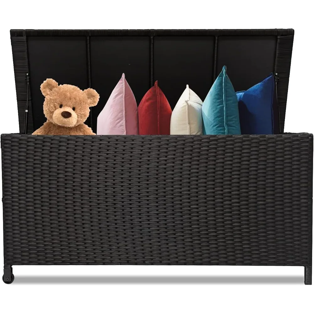 

Outdoor Wicker Storage Box, Rattan Woven Bin Deck Box, Large Capacity Water-resistant Container for Patio Garden Tools