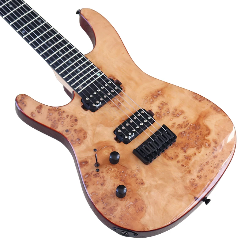 Electric Guitar Left Hand 7 String Tree Burl Top 39 Inch Solid Okoume Wood Body Shape Headstock Fast Delivery