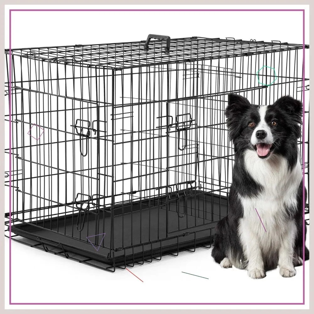 

42" Folding Dog Crate with Double Door, Removable Tray & Divider, for Medium Large Dogs, Black