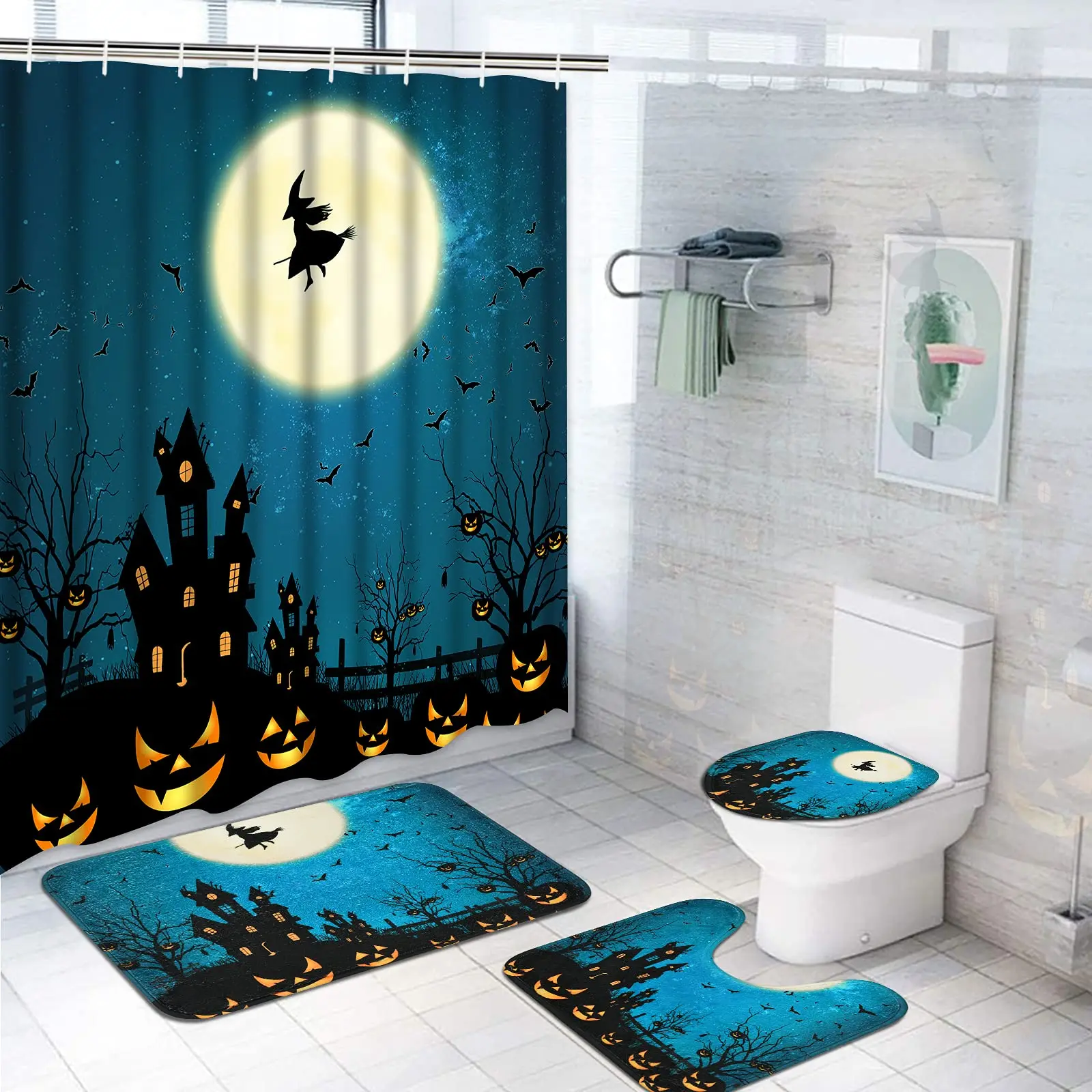 

Mystery Halloween Pumpkin Witch Shower Curtain Set Non Slip Rugs Toilet Lid Cover Bath Mat All Saints Day Bathroom Decor