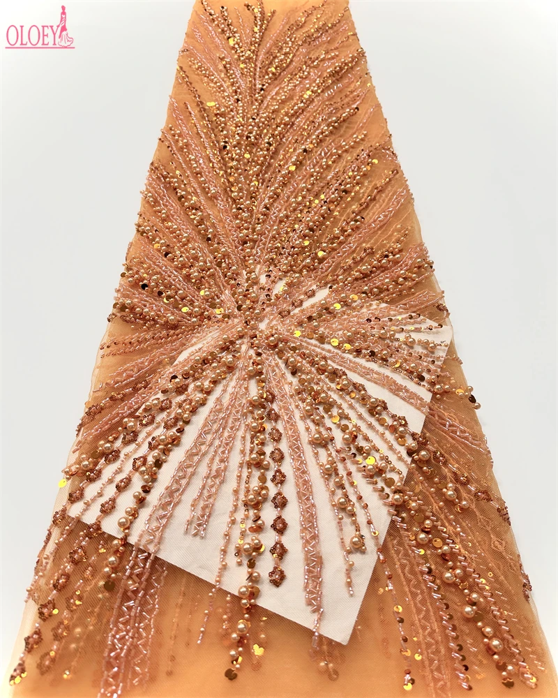 

OLOEY African Tulle Lace Fabric 2025 French Net Sequins Fabric Sewing Embroidery With Beads Lace Tulle Mesh Nigeria Dress