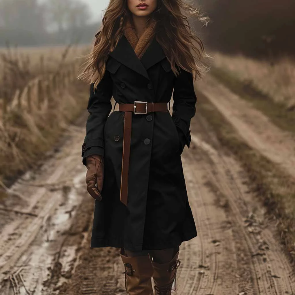 Elegant Long Trench Coat Women Pocket Double-Breasted Full Sleeve Solid Color Windbreaker 2025 Autumn Lady Street Outwears New