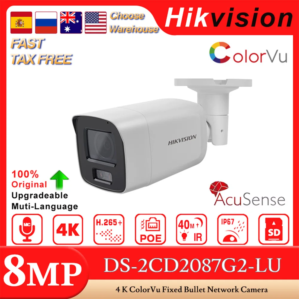 Original Hikvision DS-2CD2087G2-LU 4K 8 MP ColorVu Fixed Bullet Network Camera 24/7 Colorful Imaging Built-in MIC SD Slot H.265+