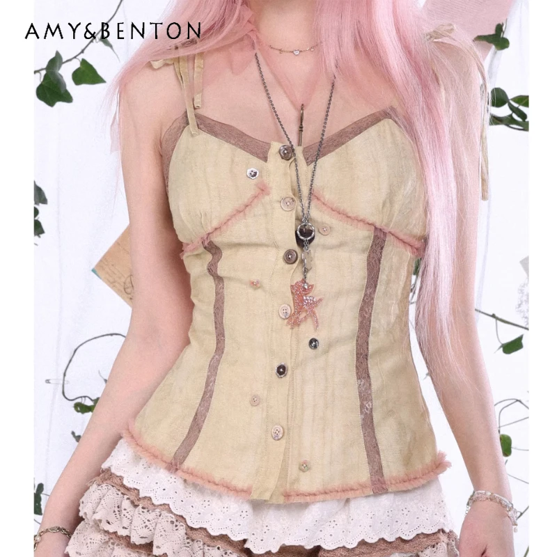 

Original Retro Design Lace Straps Women's Sling Top 2026 Summer New Sweet Cool Sexy Waist-cinching Versatile Corset Vest Ladies