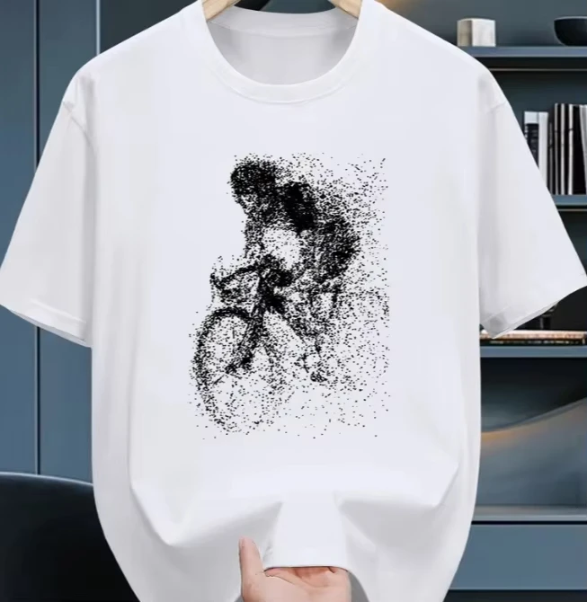 Men's Cotton Short Sleeve T-Shirt Stylish Geometric Bicycle Print Casual Crew Neck Perfect for Outdoor Activities Men Clothing