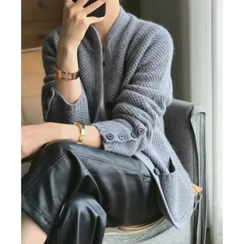 Autumn Winter New Chinese Style Cardigan Women Stand Neck Sweater Sweater Loose Knit Base Wool Short Version Sweater Jacket