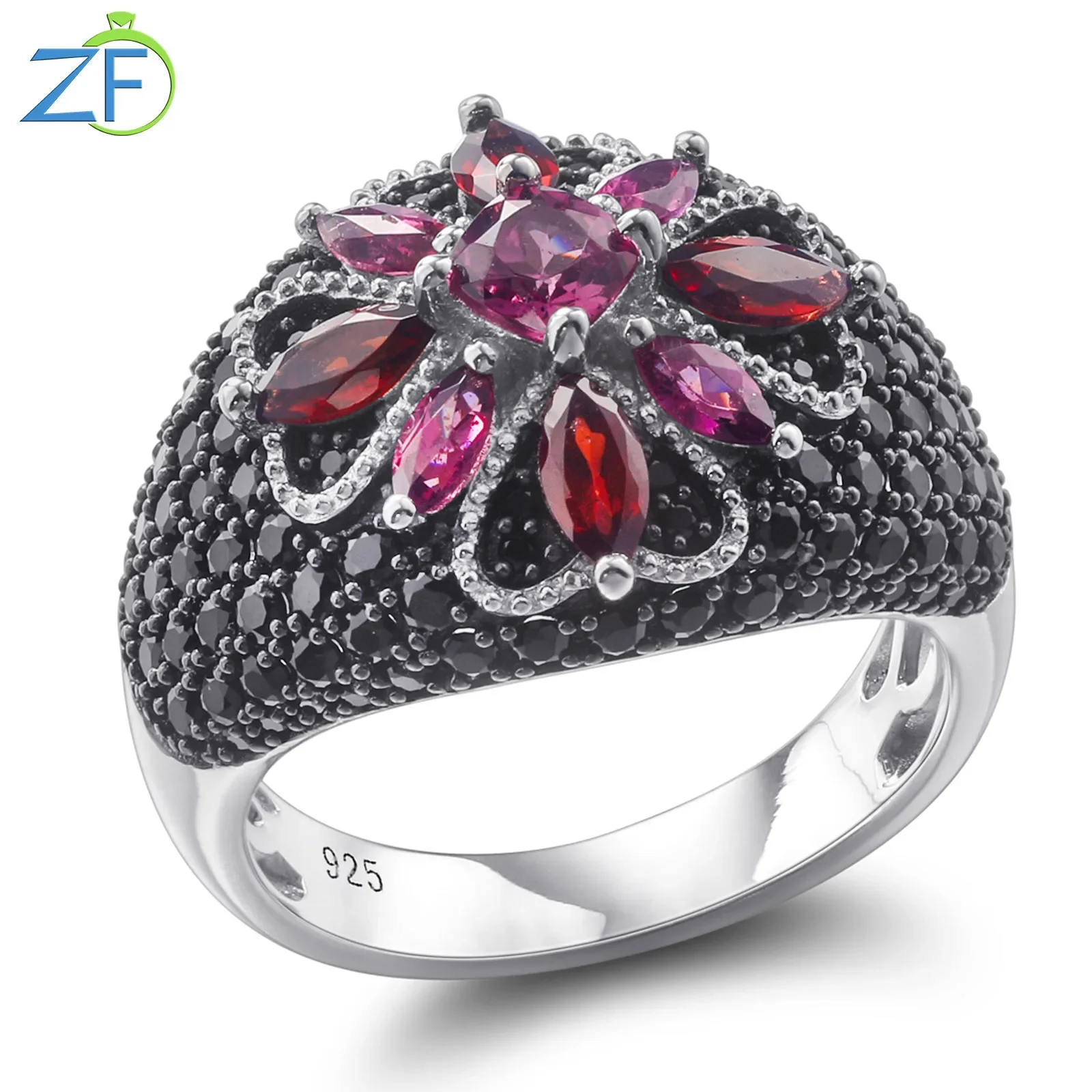 GZ ZONGFA 100% Natural Garnet Rhodolite Rings for Women 925 Sterling Silver Flower Rings Fine Jewelry Birthday Gifts