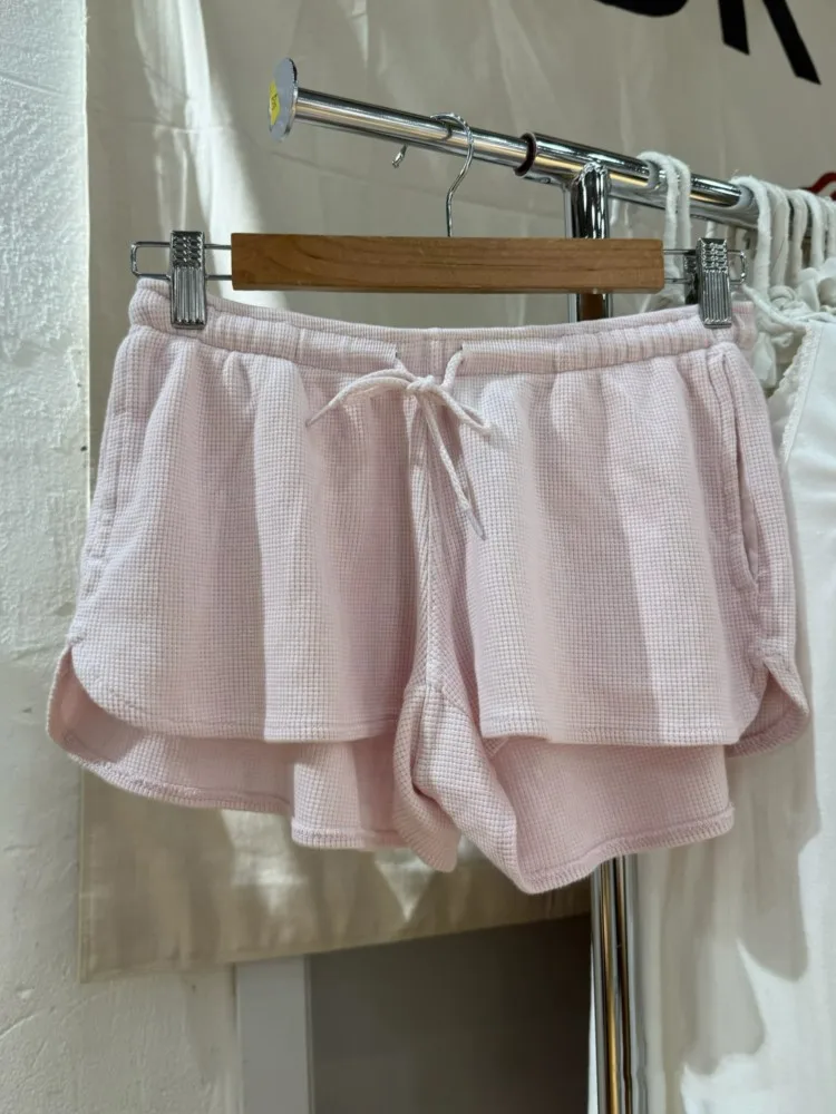 Sweet Pink Waffle Sports Shorts Women New Casual Pockets Drawstring Elastic High Waist Short Cute Preppy Style Short Pants Y2K