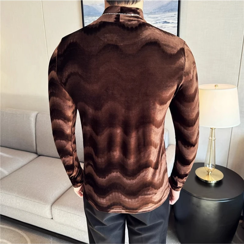 Wave Pattern Gold Velvet Middle-Collar Long Sleeve T-shirt, Men's Stretch Half Turtleneck Bottoming Shirt, Slim High-Grade Top