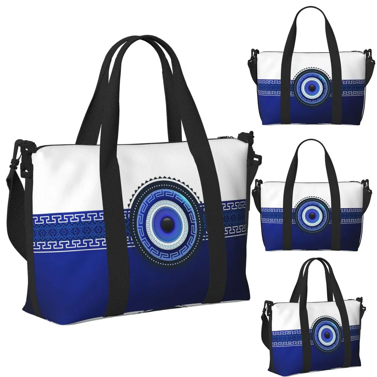 

Mediterranean Evil Eye Hamsa Nazar Amulet Boho Beach Travel Bag Large Capacity Tote Bags for Yoga Shopping Duffle Shoulder Bag