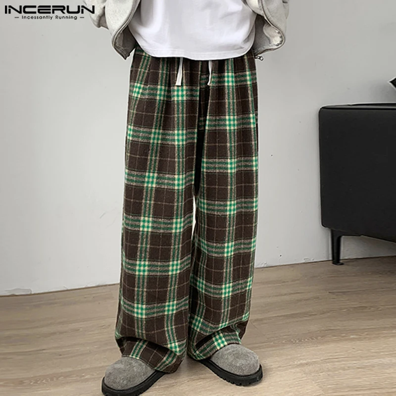 INCERUN Men Trousers Elastic Waist Drawstring Vintage Style Plaid Check Contrast Color Wide Leg Long Pants Streetwear Bottoms