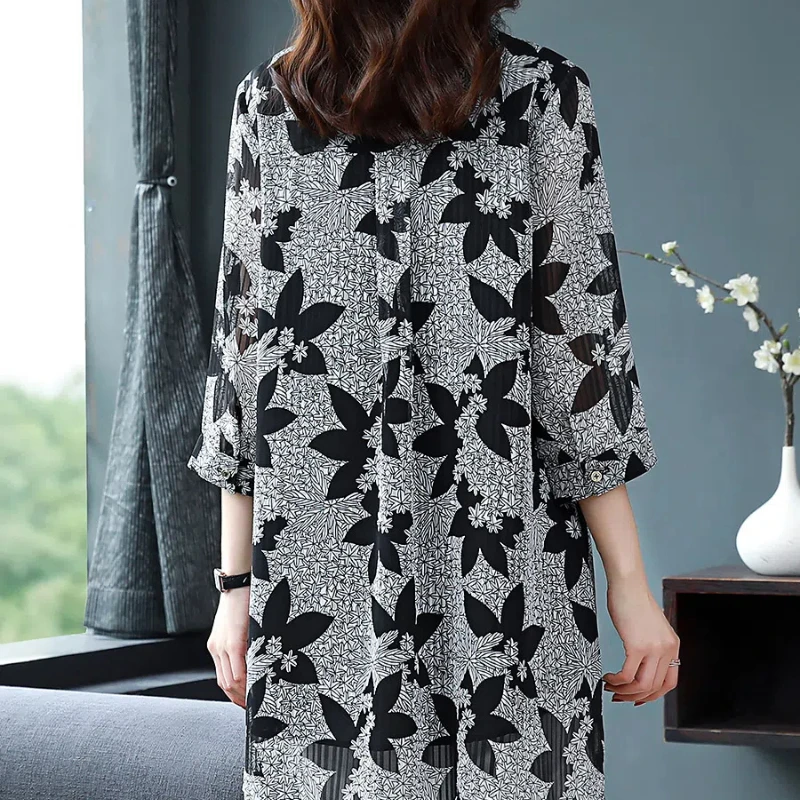 Temperament Spring Women's Polo-Neck Printing Single Breasted Fashion Elegant Loose Long Sleeve Mid-length Chiffon Shirt Tops