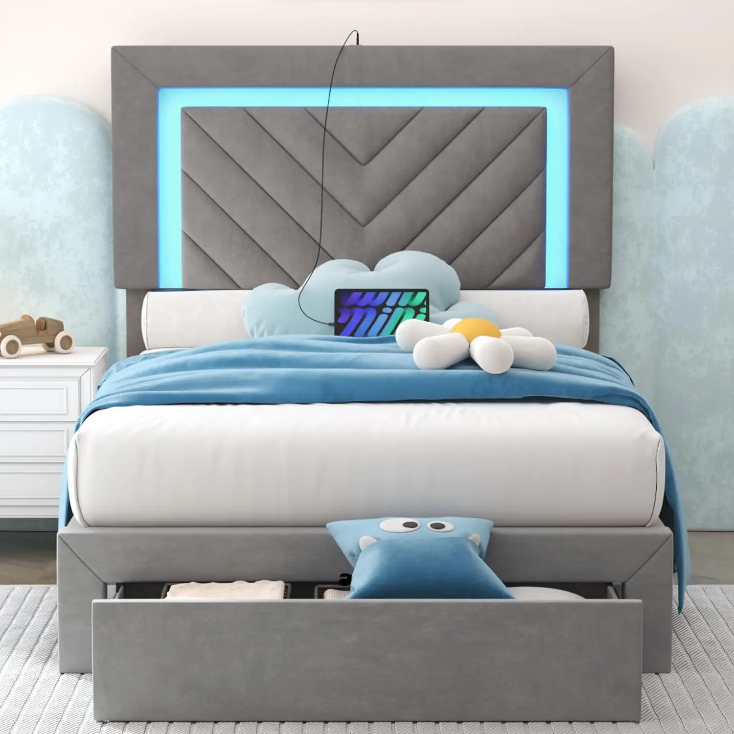 Twin Bed Frame with LED Headboard and Storage Drawer, Velvet Platform Bed Frame Twin Size with Charging Station, Adjustable