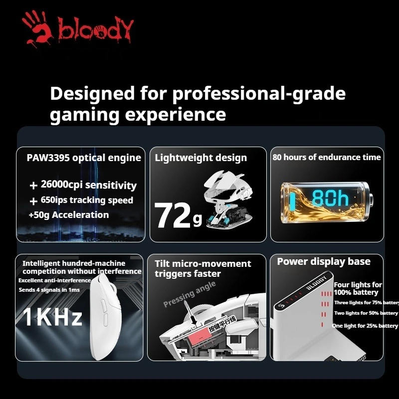 A4Tech Bloody R72Pro Kabellose Maus Dual-Modell PAW3395 26000cpi 80h Lange Akkulaufzeit Leichte E-Sport-Gamer-Maus