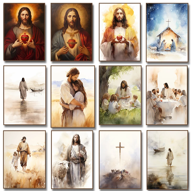 (No frame)Sacred Heart of Jesus Christ Walking on Water Poster The Last Supper children lamb canvas painting print wall art h