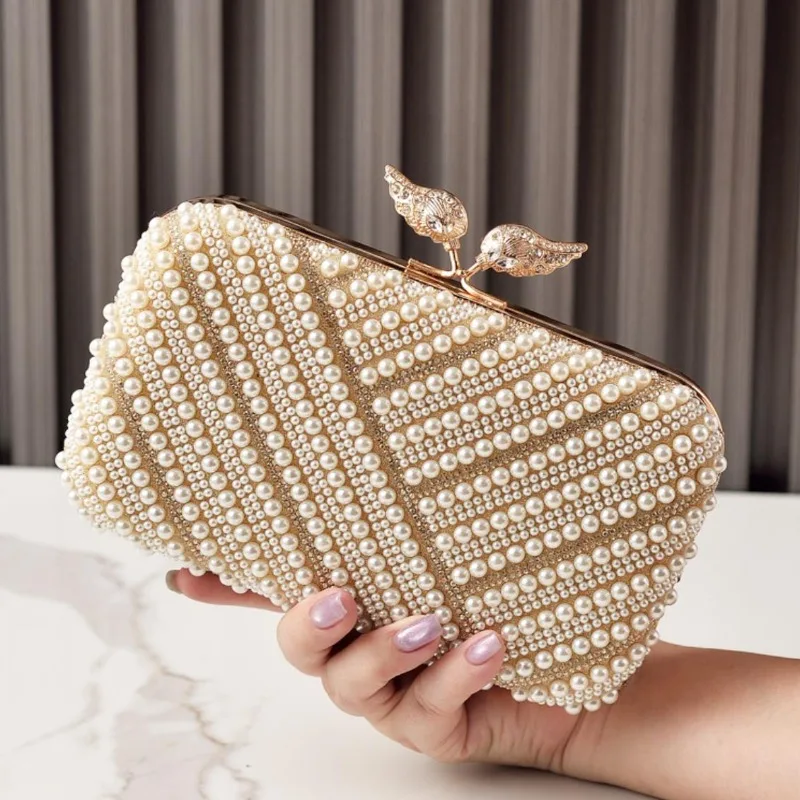 

Fashionable Clutch Festa Stripy Pattern Pearls Evening Bag Female Formal Party One Side Beading Champagne Purse Wedding Occasion