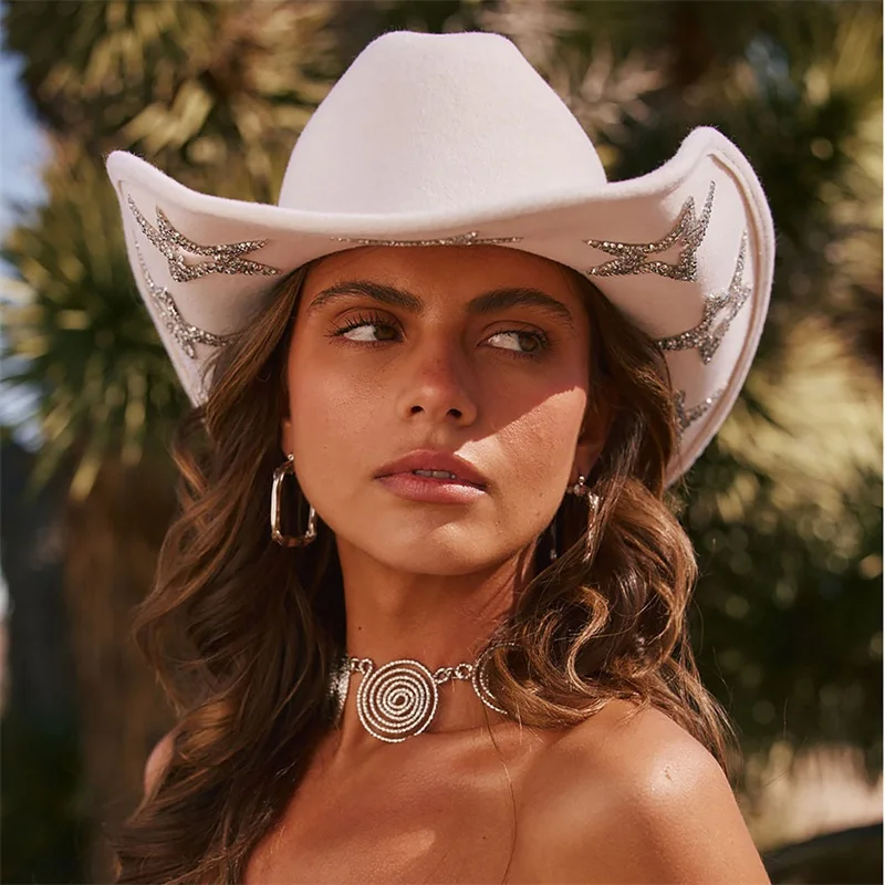 Combhasaki Women Men Cowgirl Hat Wide Brim Sequined Rhinestone Star Western Hats for Wedding Carnival Rave Party Travel Costume