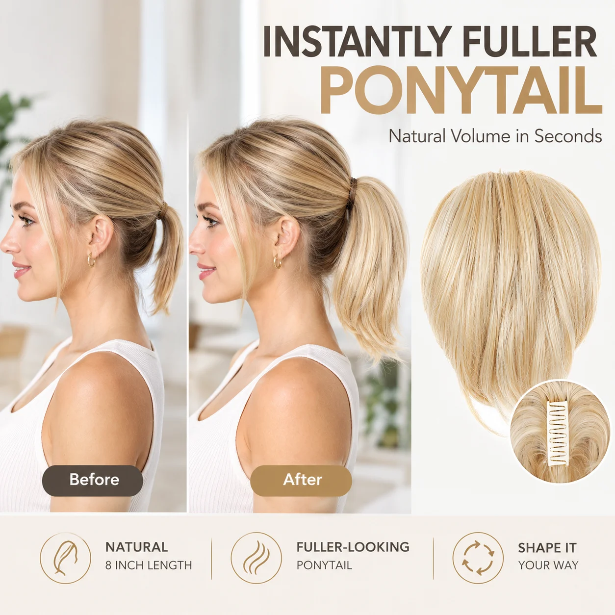 22 Inch Straight Ponytail Extension for Women Soft Synthetic Velcro Wrap Around Long Natural Black Hairpiece High Ponytail