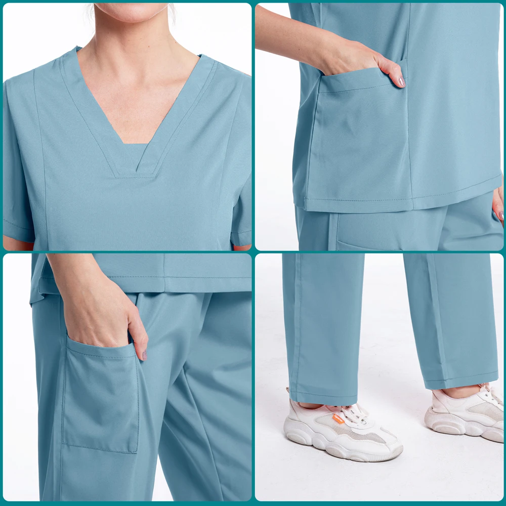 Solid Color Unisex Surgical Gown Pocket V-neck Scrubs Set for Women Joggers Wholesale Scrub Suit Hospital Uniform Nurse Workwear