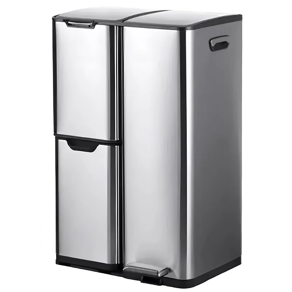 

60L Triple Compartment Stainless Steel Recycling Bin with Pedal Press Button on Top Kitchen Trash Bin Recycle Bin
