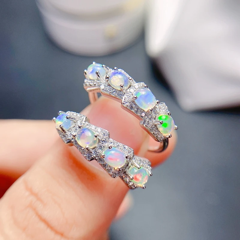 Cincin Opal Australia Alami, Sederhana dan Indah untuk Wanita, Warna Api Perak Murni 925 Kuat