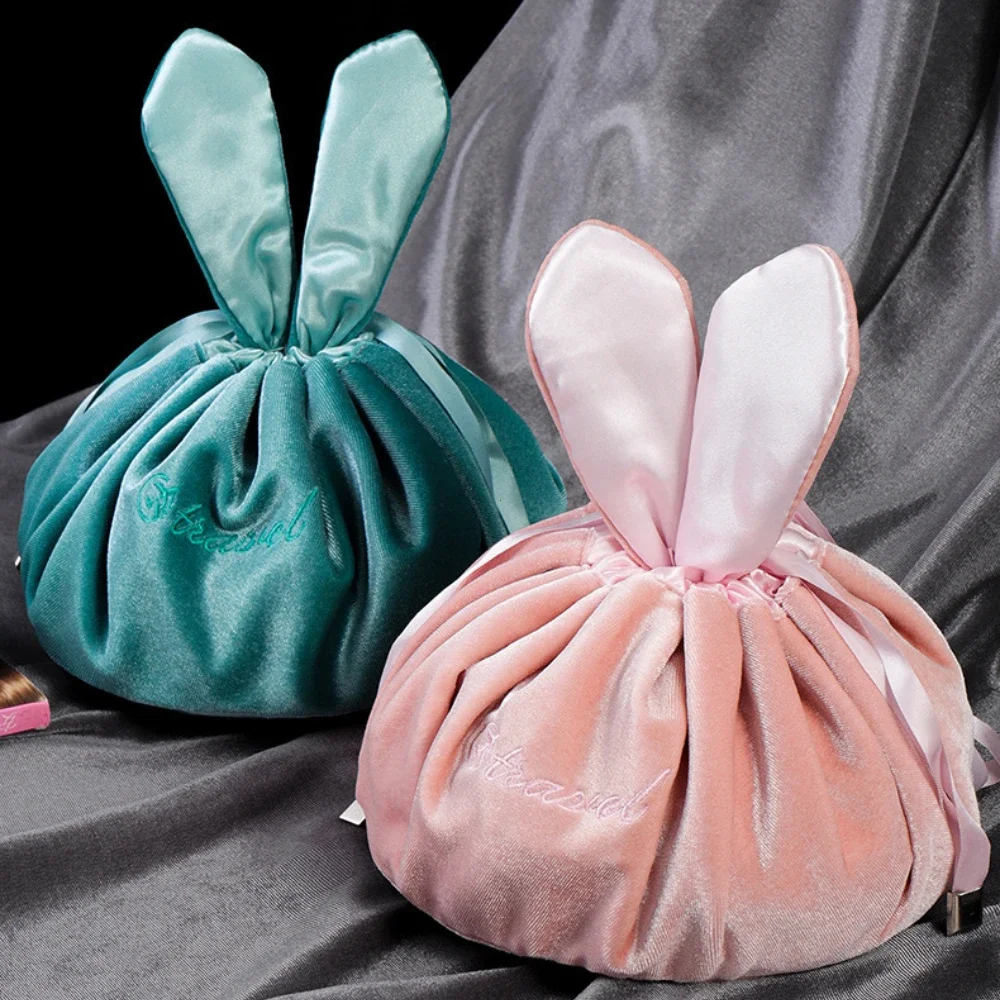 Cosmetic Bag Round Velvet Soft Makeup Bag Drawstring Rabbit Ear Travel Make Up Organizer Female Toiletry Beauty Storage for Gift