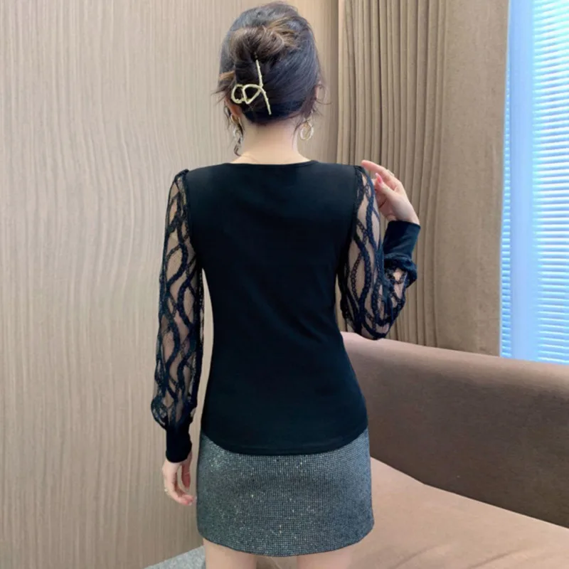 #7968 Spring Black Red Knitted T Shirt Women V-neck Diamonds Sexy Skinny Women\'s T-shirt Spliced Lantern Sleeve Korean Style