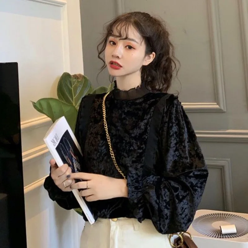 Velvet Blouses for Women Vintage French Style Cute Feminine Autumn Winter Long Sleeve Aesthetic Clothes Ruffles Fashion Mujer