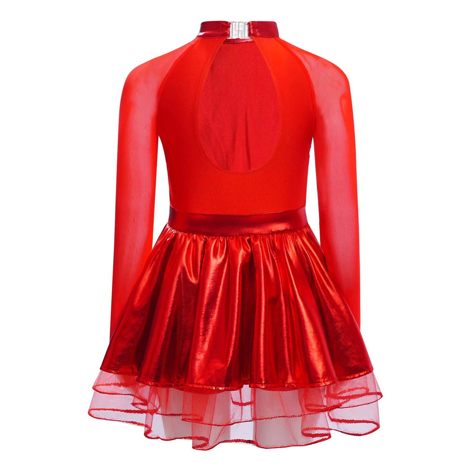 Kids Girls Ballet Tutu Dress Jazz Dance Performance Costume Sheer Mesh Long Sleeve Metallic Sequins Leotard Dresses Dancewear