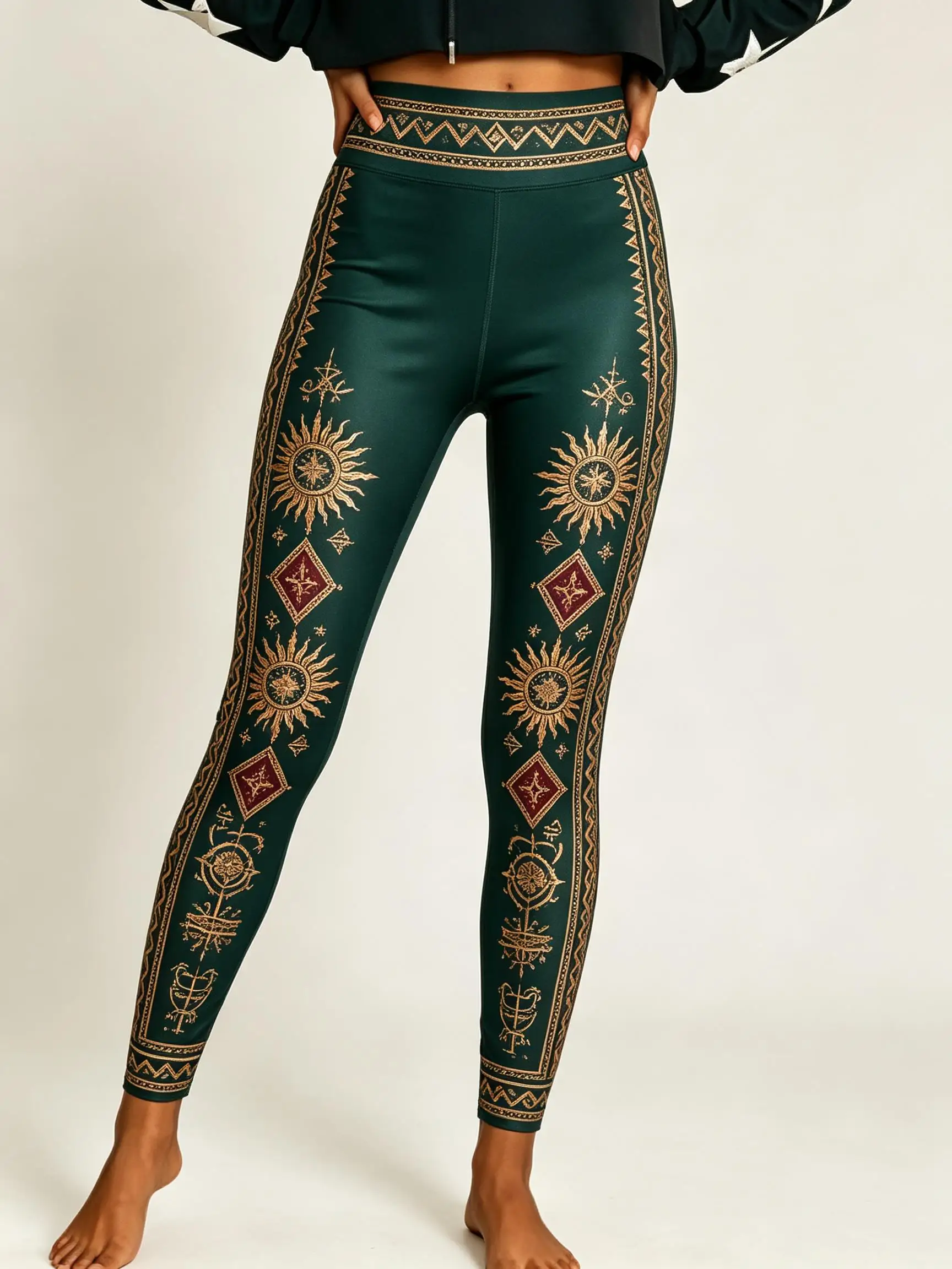 Women Fleece‑lined Mid‑rise Leggings Boho Sun Geometric Tribal Border Side‑strip Print Slim Stretch Winter Casual Pants