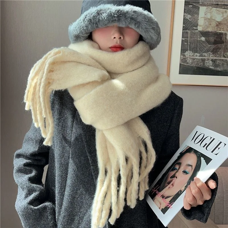 New Mohair Women Scarf Female Winter Warm Thickened Solid Color Long Scarves Soft Coarse Braid Tassel Shawl Viscose Wrap Shawls