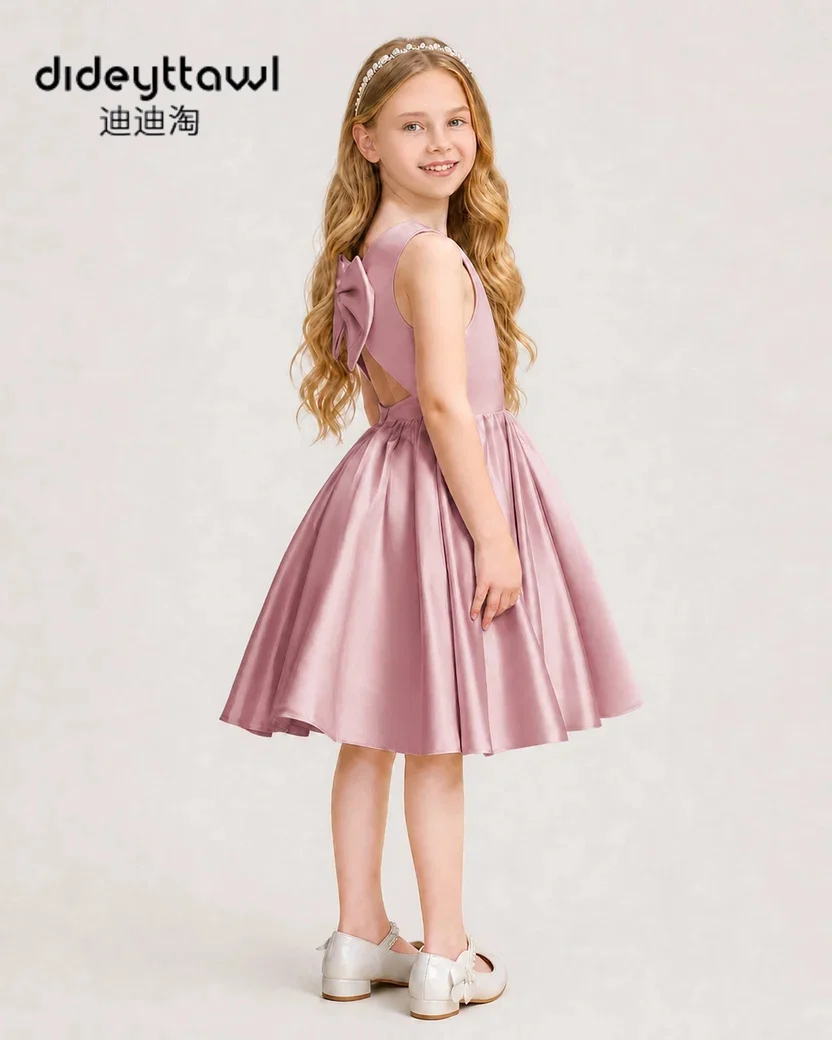 Dideyttawl Sleeveless Satin Flower Girl Dress Hollow Back Big Bow Knee Length Gown Multi Color Kids Wedding Bridesmaid Pageant