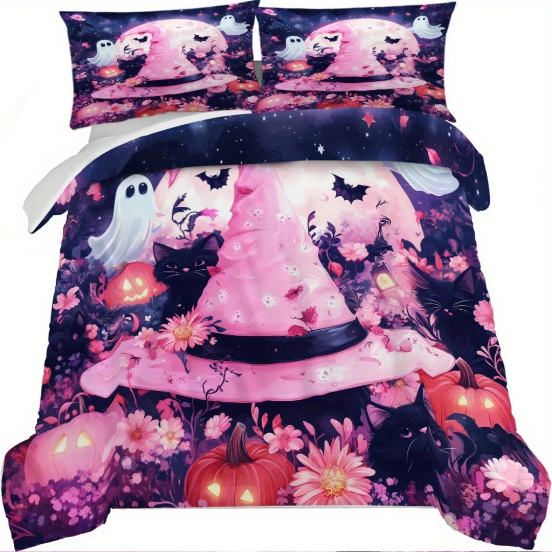 

3pcs Pink Hat Cute Ghost 3D Printed Bedding Set Soft Duvet Cover King Queen Twin Single Size Halloween Gift for Kid Girl Sister