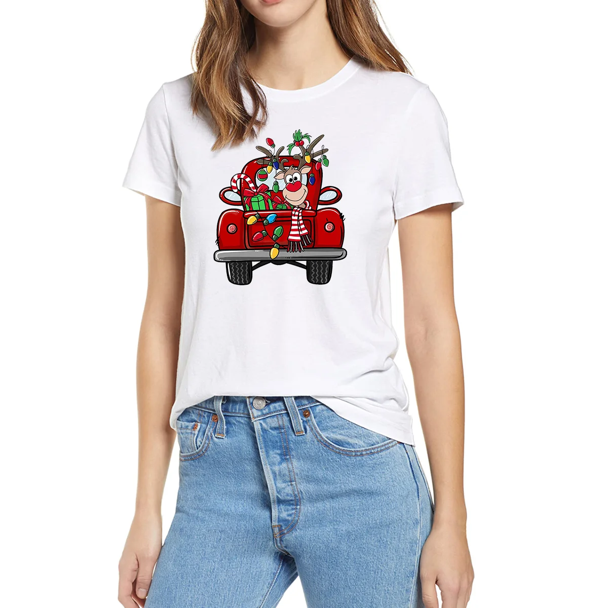 

100% cotton women's short sleeve T-shirt Cartoon truck scarf moose print, round neck, multiple colors, sizes XS to 3XL