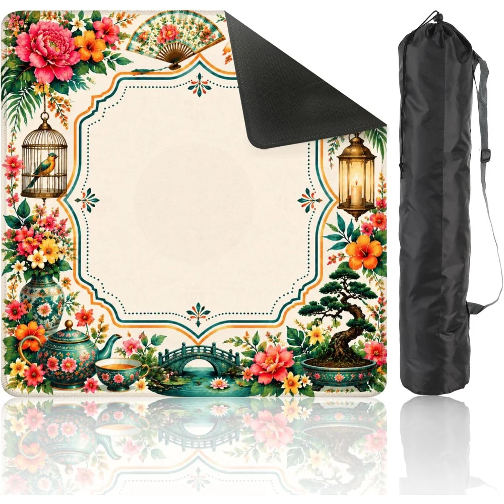 Luxury Mahjong Table Cover Neoprene 3mm 31.5 Inch Vintage Floral Frame Artwork Non Slip Noise Reduction for Mahjong Board Games