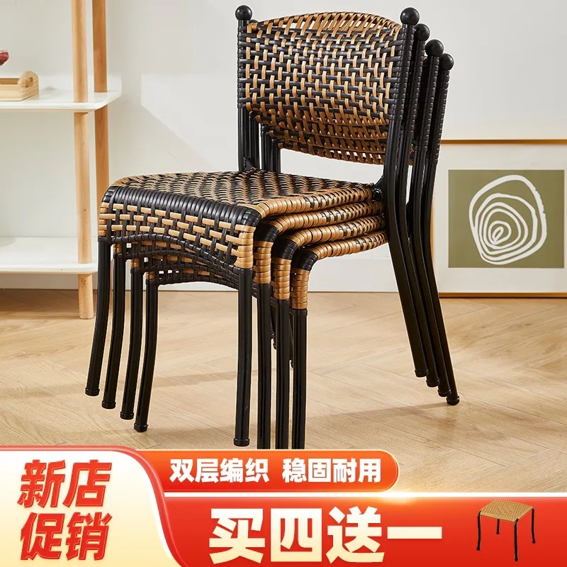 Rattan Style Chair, Woven Small Stool & Single Backrest Seat, Stackable Plastic Dining Chair for Balcony, Kids & Leisure Use