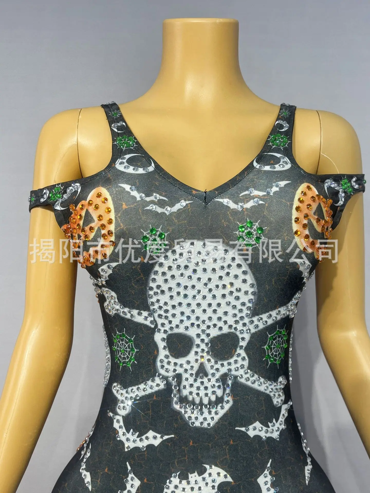 هالوين الجمجمة بذلة حجر الراين أكمام قطعة واحدة تأثيري ملابس رقص اليقطين رئيس فساتين السهرة امرأة أنيقة فاخرة