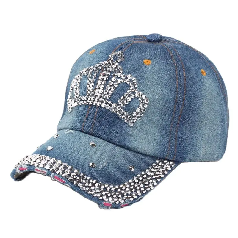 Women Bling Tiara Distressed Denim Baseball Cap Rhinestones Embellished Washed Retro Style Adjustable Hat