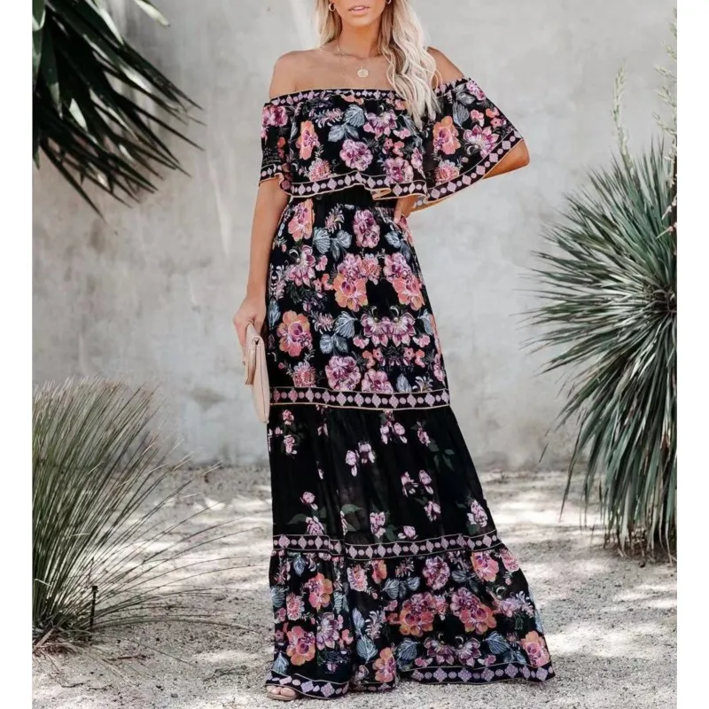 2024 primavera/verão novas mulheres retro moda um ombro flor vermelha impresso cintura coleção estilo longo grande balanço vestido casual