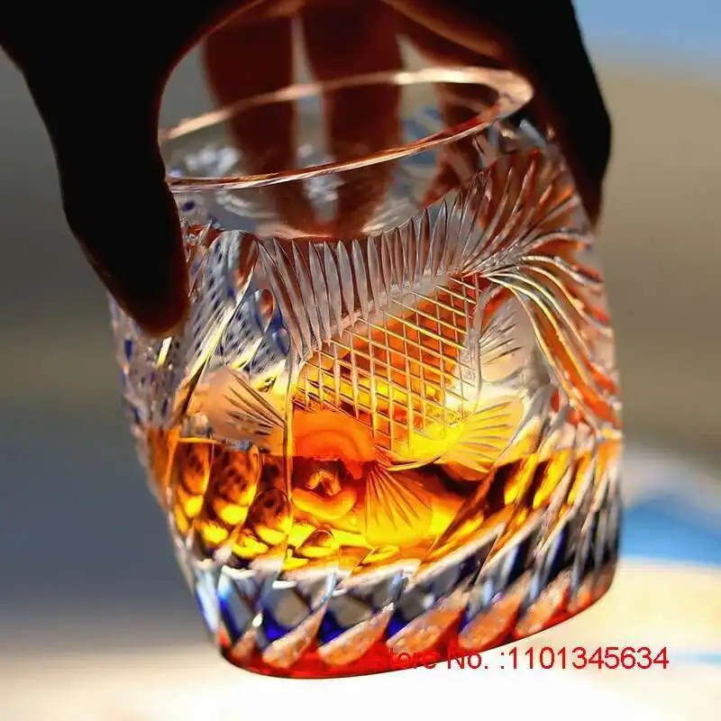 Top Hand Carved Craft Edo Kiriko Wineglass Whisky Cup Color Crystal Goldfish Brandy Wine Snifter Liquor Whiskey Glass Gift Box