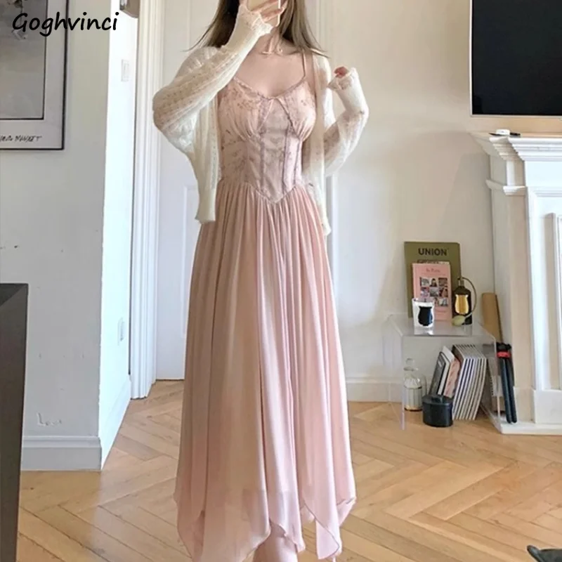 Women Sets Long Sleeve Cardigans Fluffy Loose Hollow Out Outwear Sleeveless Midi Dress Pleated Sexy Temper Tender Fashion Spring