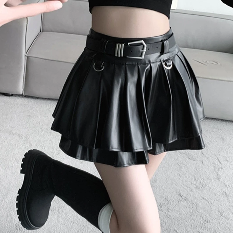 Elegant Pleated Mini Skirt With Belt For Women Comfortable Breathable Fabric Short Dress Metallic PU Skirts