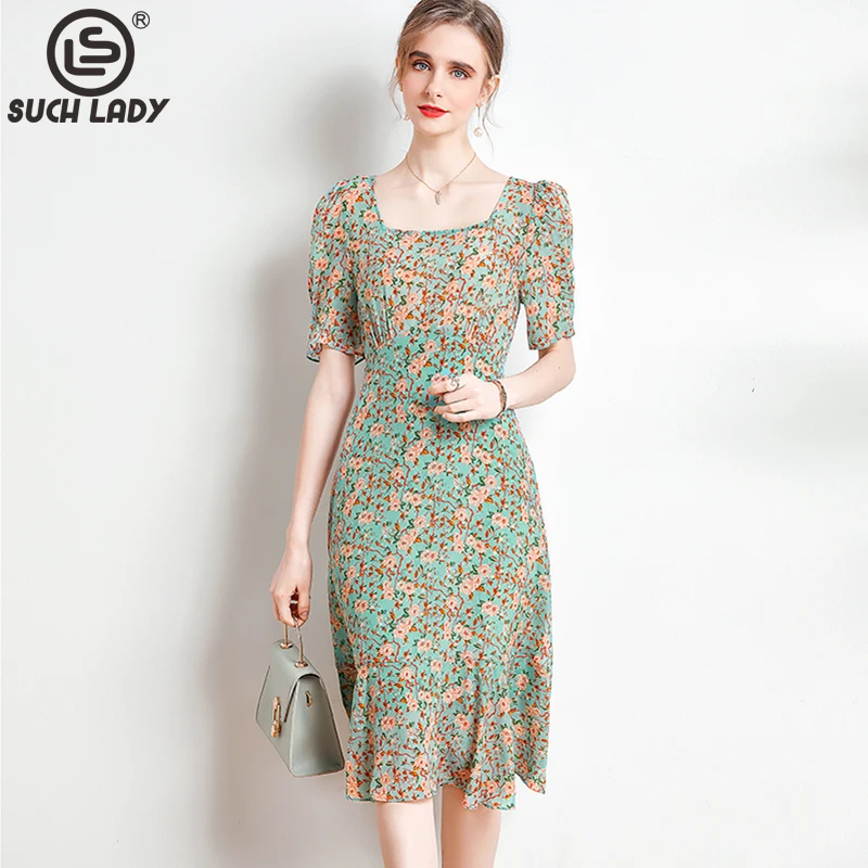 

100% Natural Silk Women's Dress Square Neckline Short Sleeves Printed Fashion Designer Outerwear Vestidos