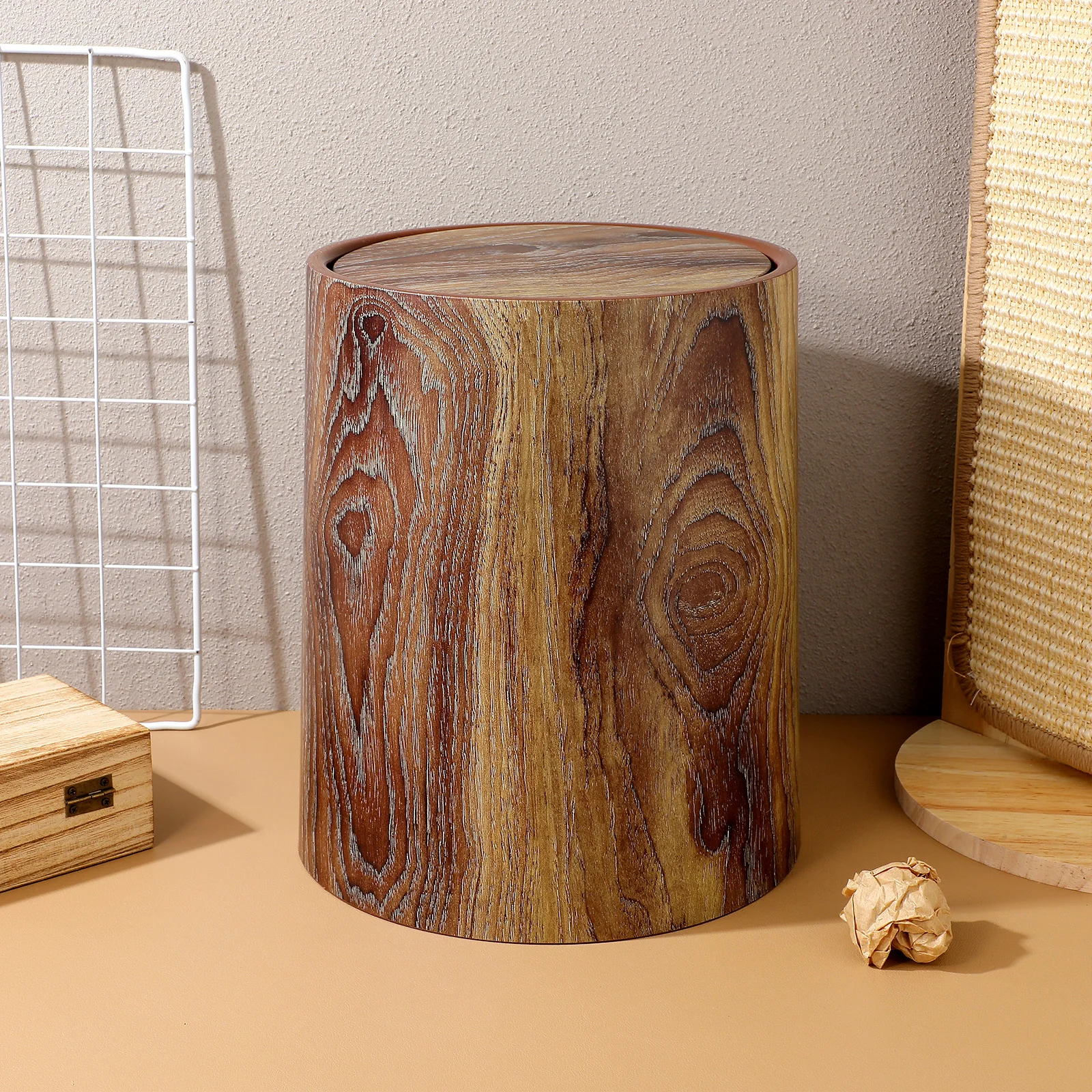 

12л мусорный бак с имитацией древесного зерна, круглая качающаяся крышка, мусорное ведро для кухни, ванной комнаты, мусорные баки, бытовой пластик, гладкий