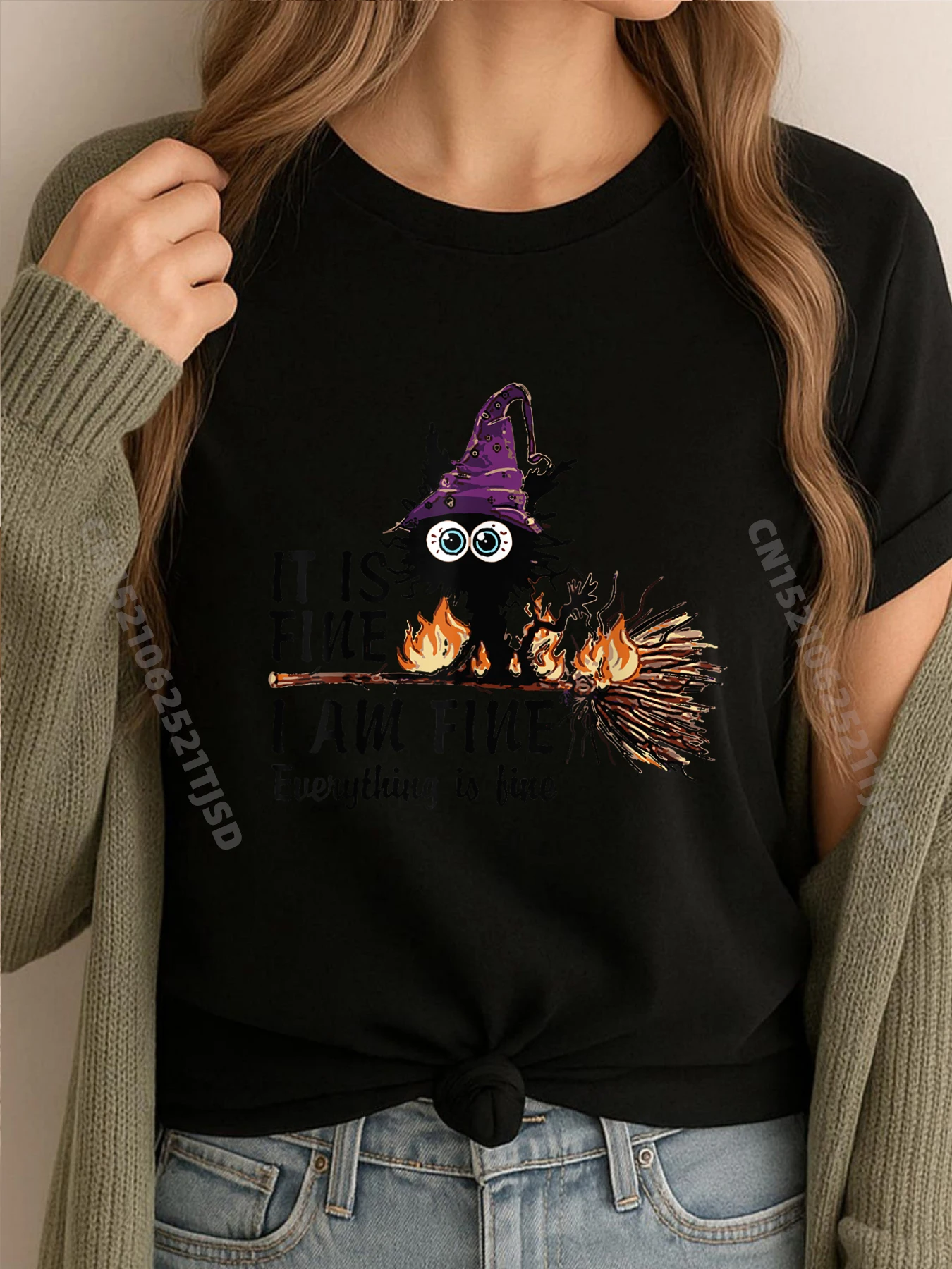 

Black Cat It Fine I M Fine Everything Is Fine Halloween Shirts Woman Graphic Camisas De Hombre