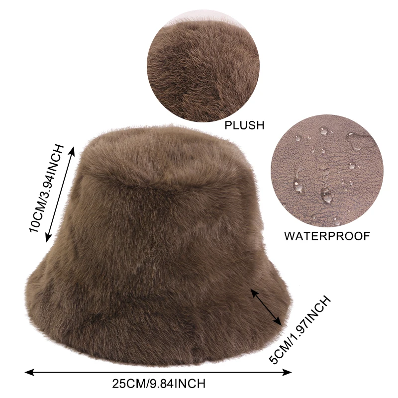 Women Faux Fur Bucket Hat Winter Warm Fluffy Plush Fisherman Hat Solid Color Soft Thick Party Outdoor Hat